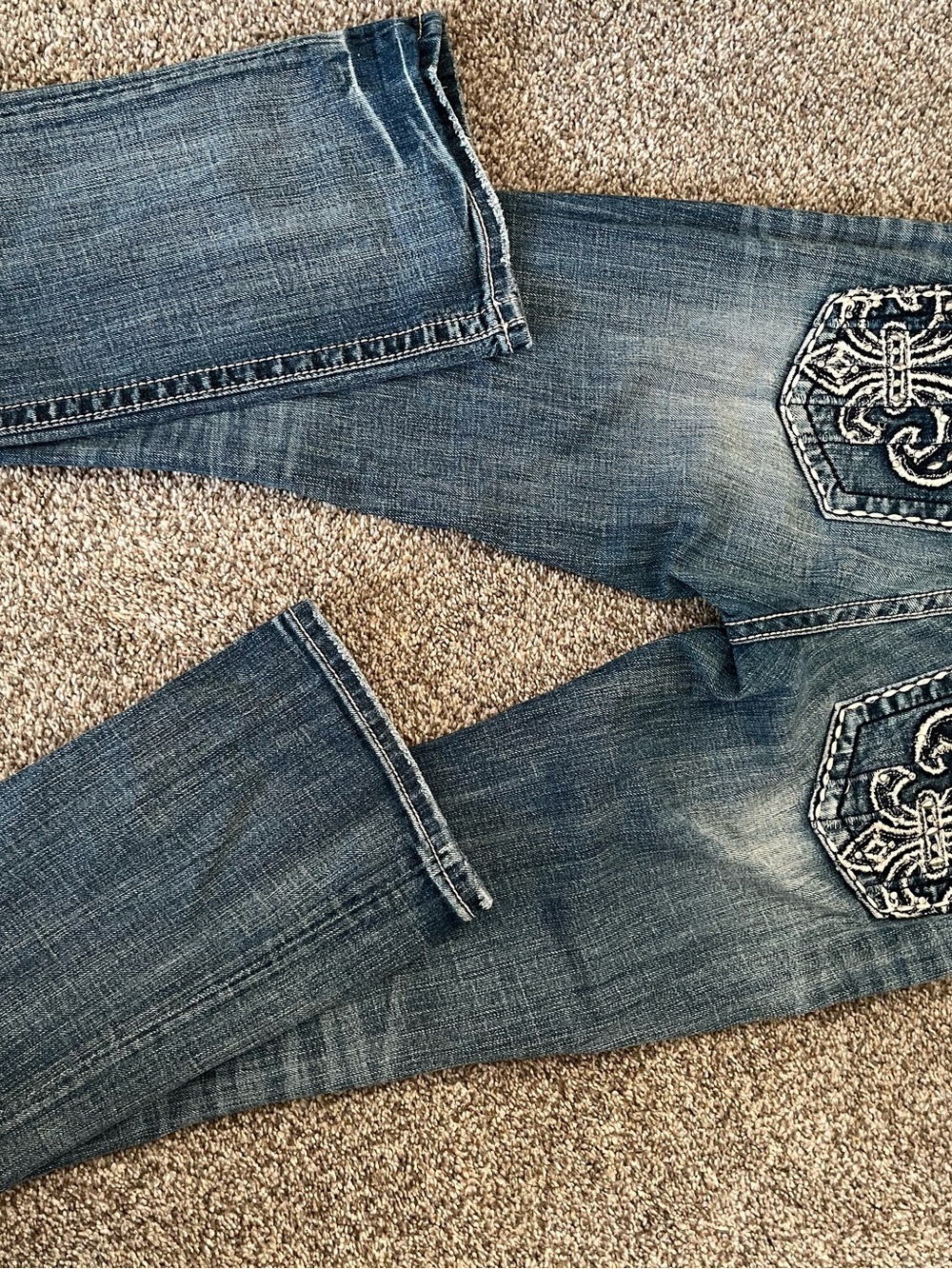 Rock Revival Women’s Distressed Blue Bootcut Jeans with Embroidered Pockets
